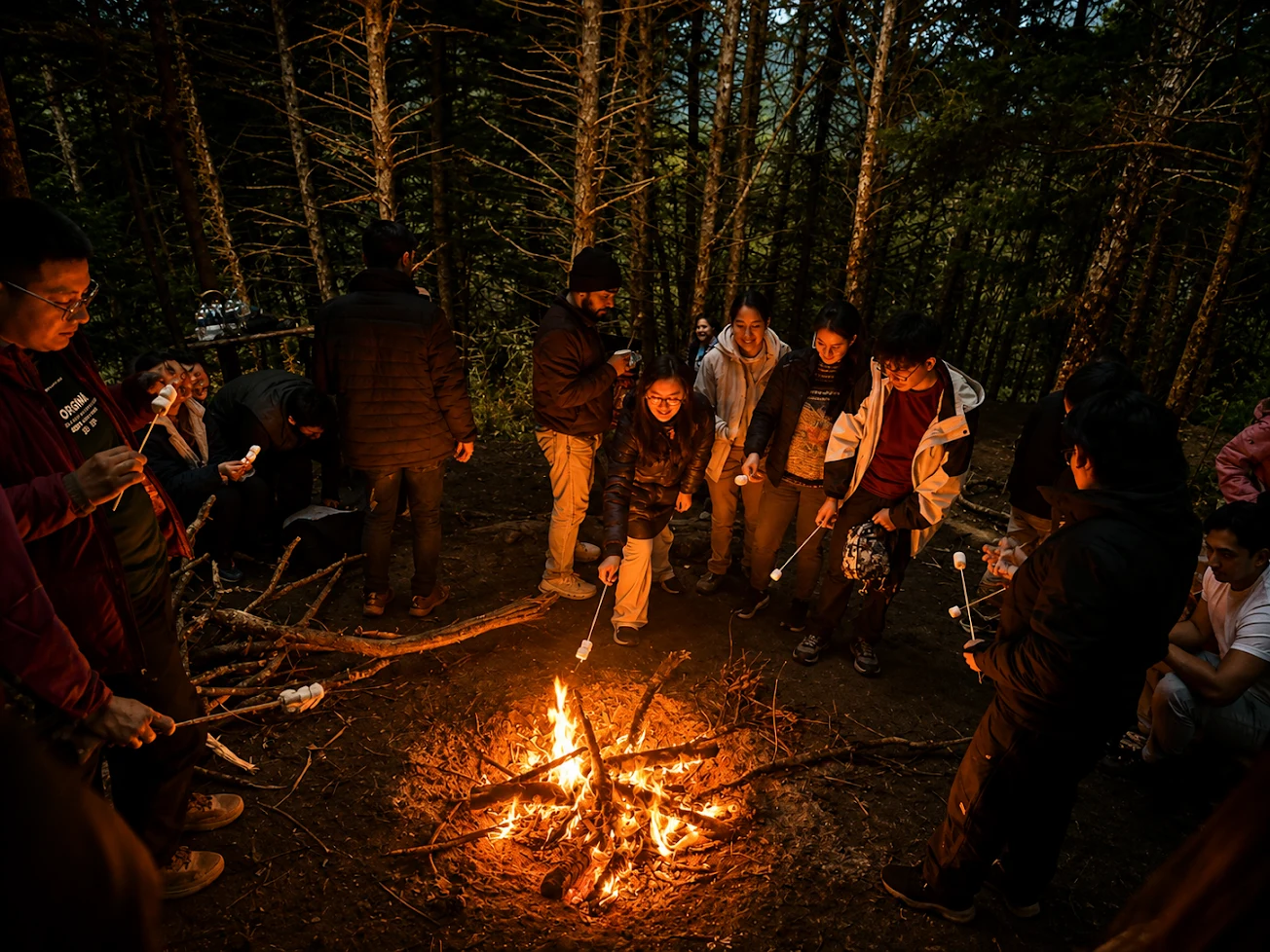 Comunidad de Campamento Aventura alrededor de una fogata